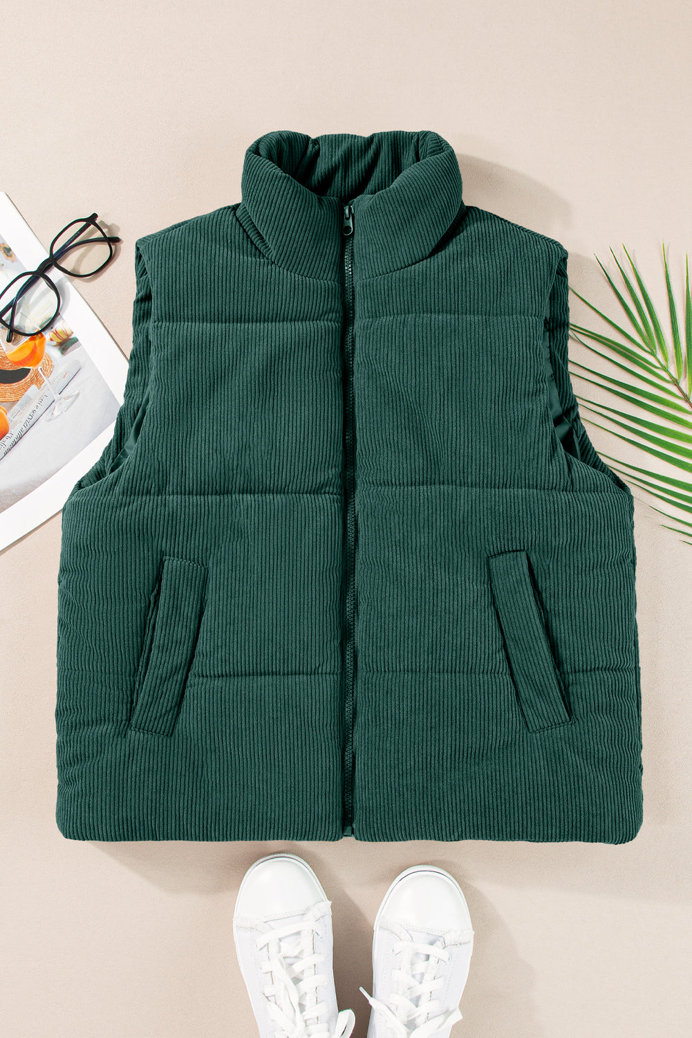 Black Solid Color Corduroy Puffer Vest Coat