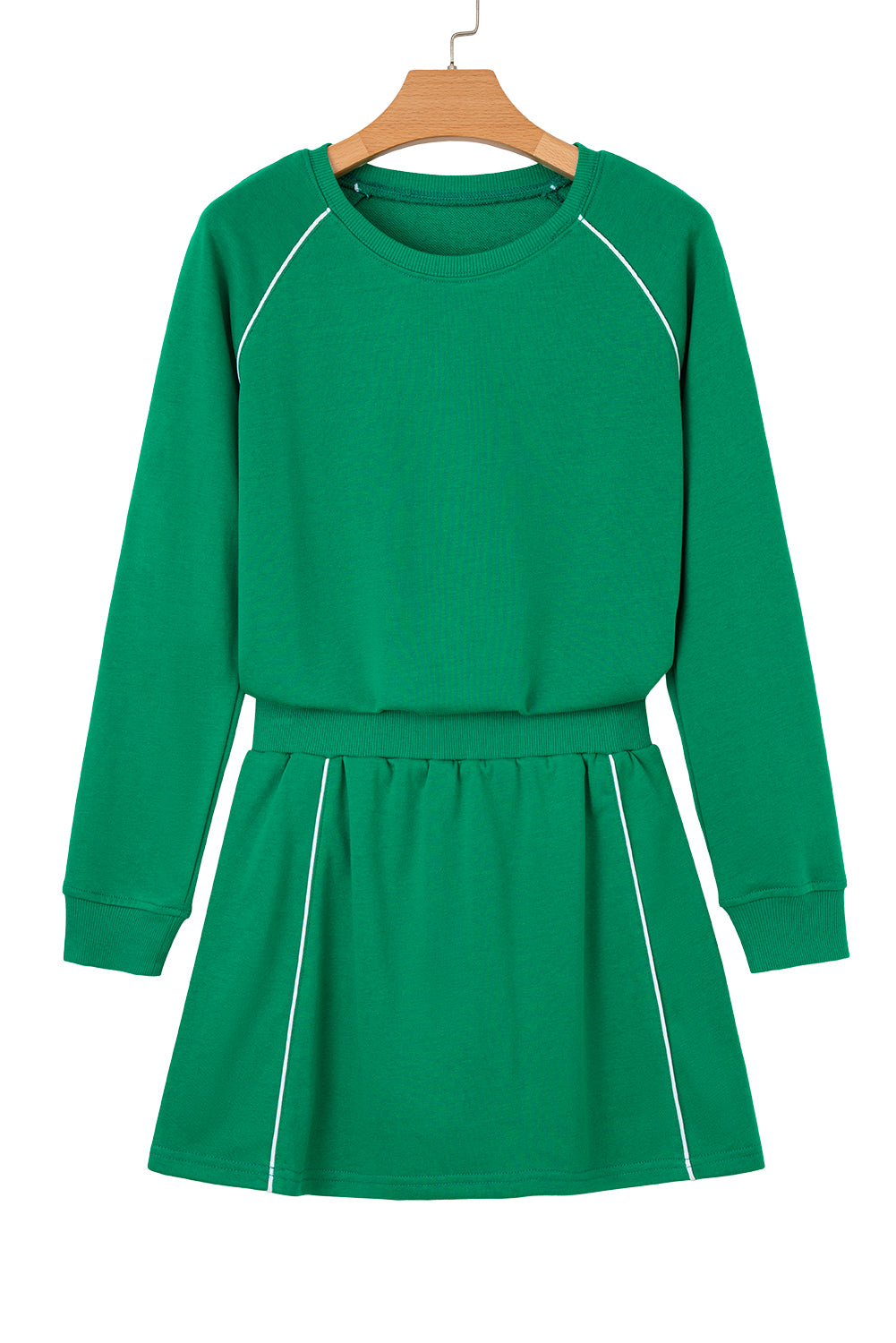 Dark Green Contrast Piping Crewneck Pullover Mini Skirt Set