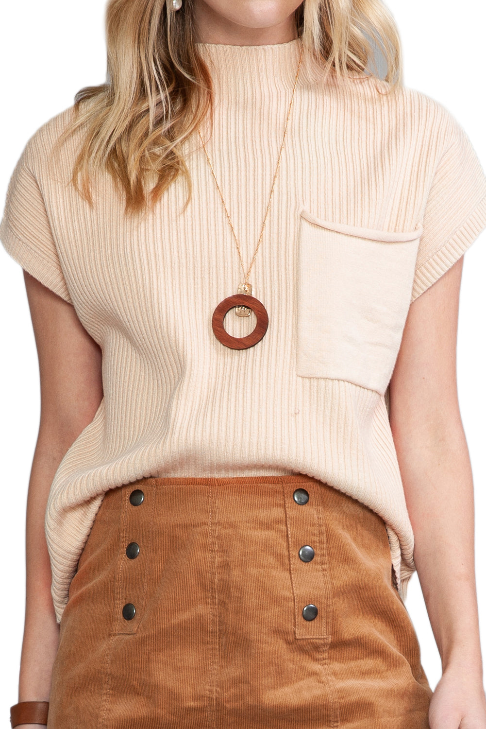 Rose Red Patch Pocket Ribbed Knit Short Sleeve Sweater