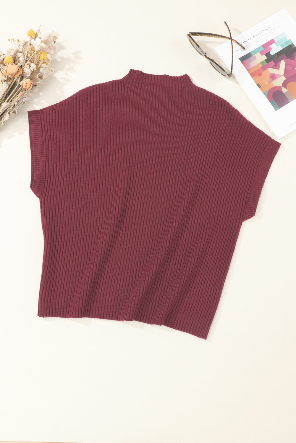 Rose Red Patch Pocket Ribbed Knit Short Sleeve Sweater