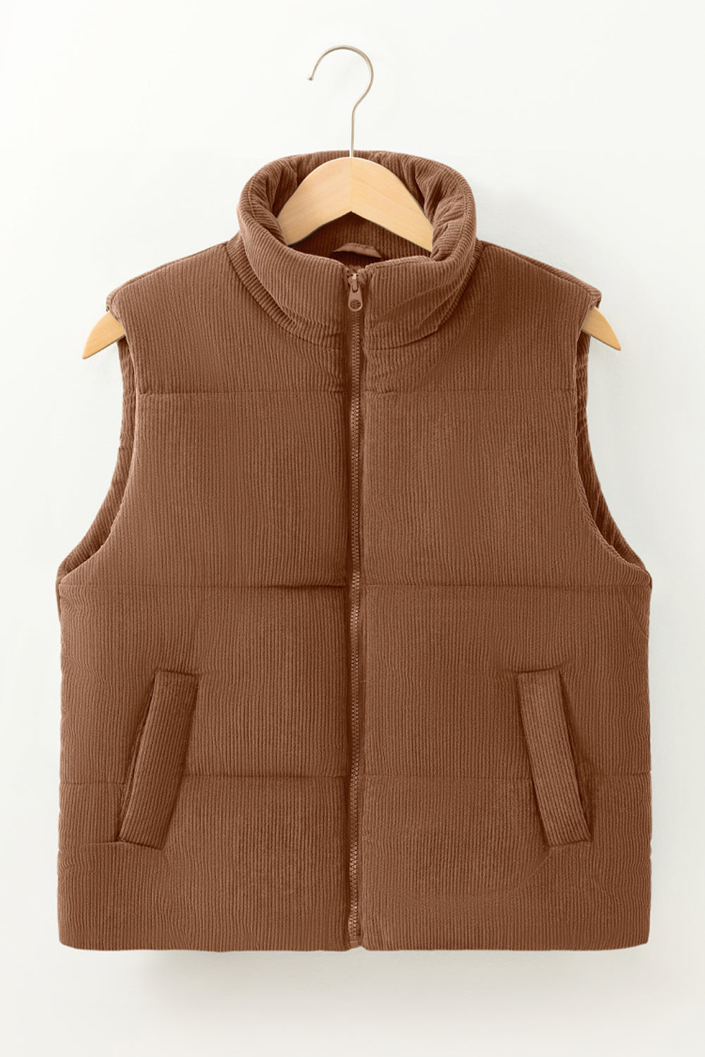 Black Solid Color Corduroy Puffer Vest Coat