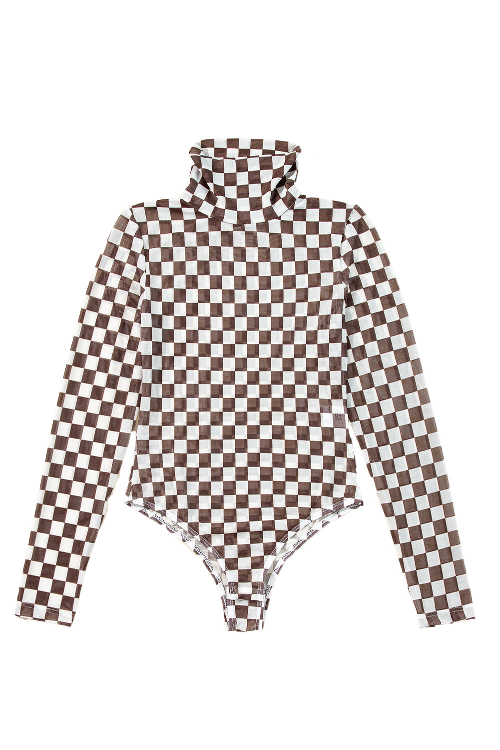 Brown Checkered Print Long Sleeve Mock Neck Bodysuit