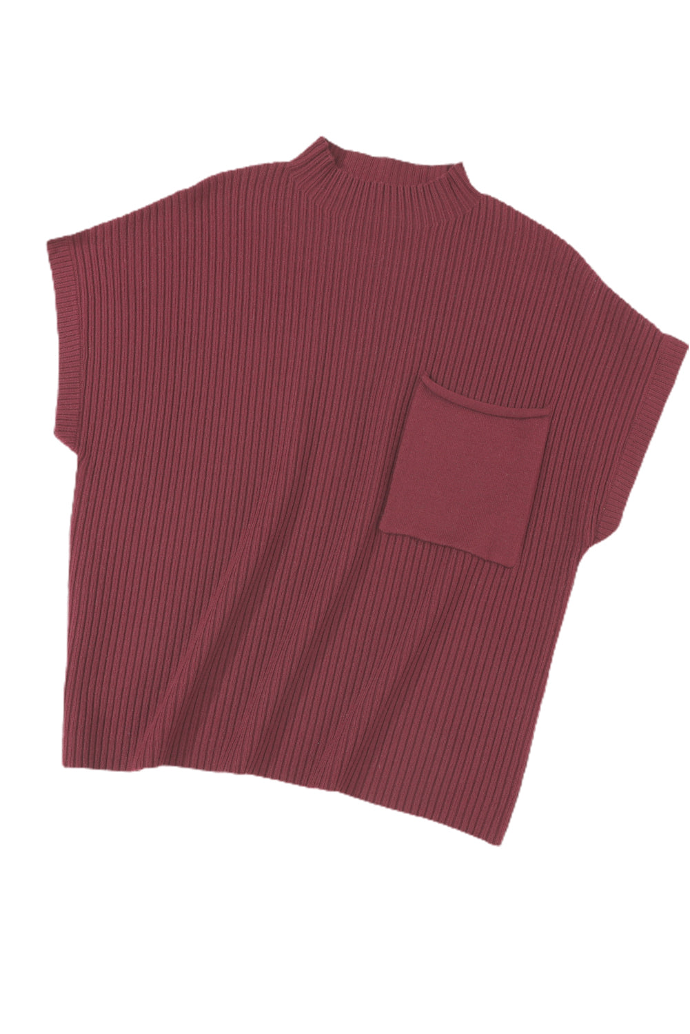 Rose Red Patch Pocket Ribbed Knit Short Sleeve Sweater