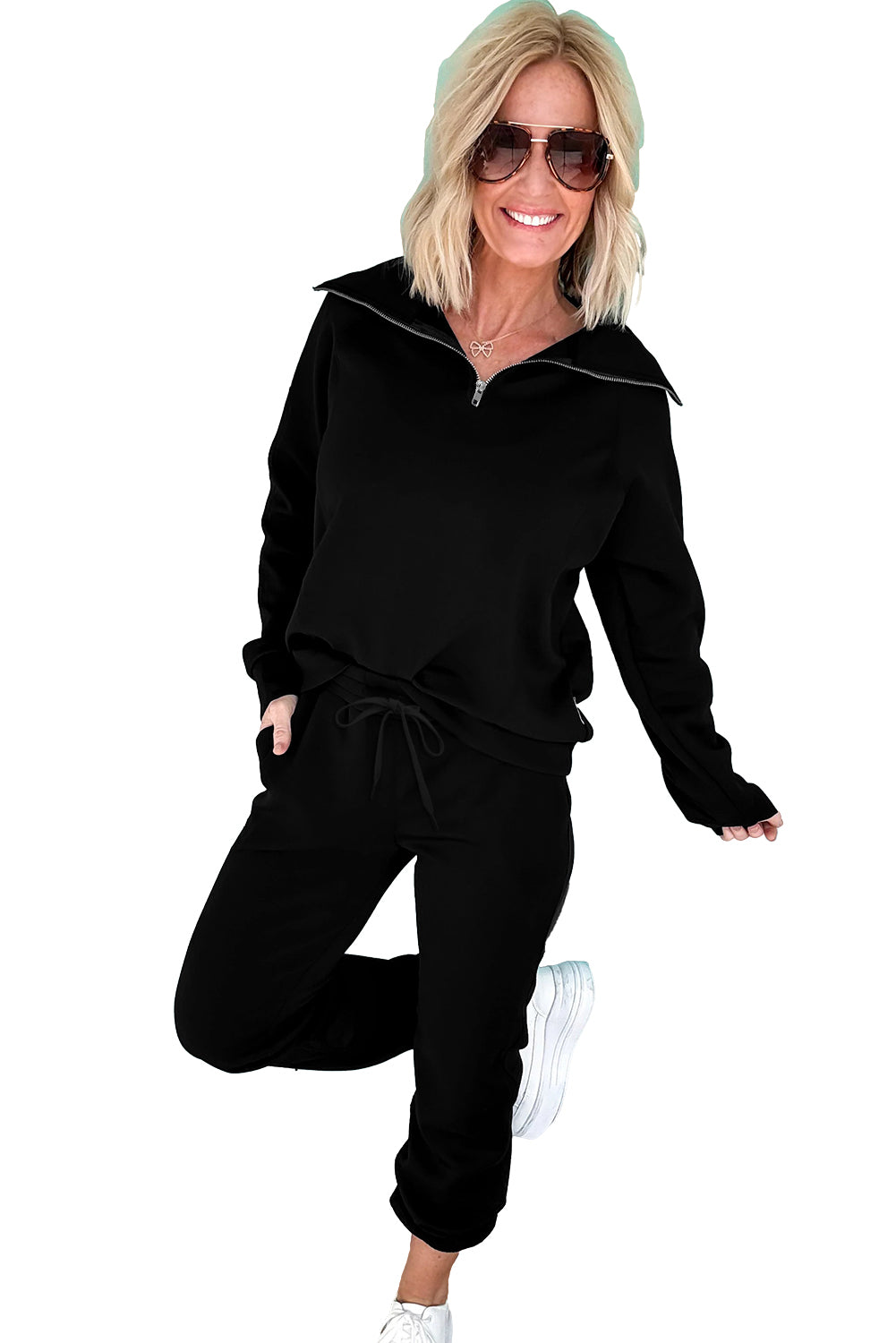Light Grey Zip Collar Long Sleeve Top Drawstring Pants Set