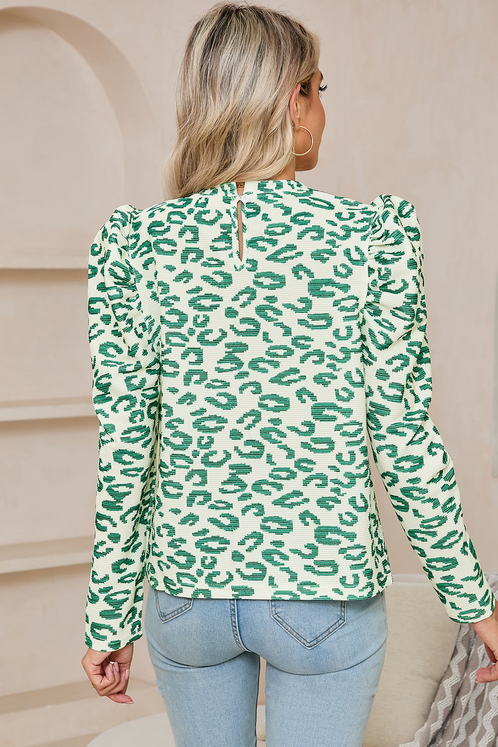 Blackish Green Leopard Print Puff Long Sleeve Top