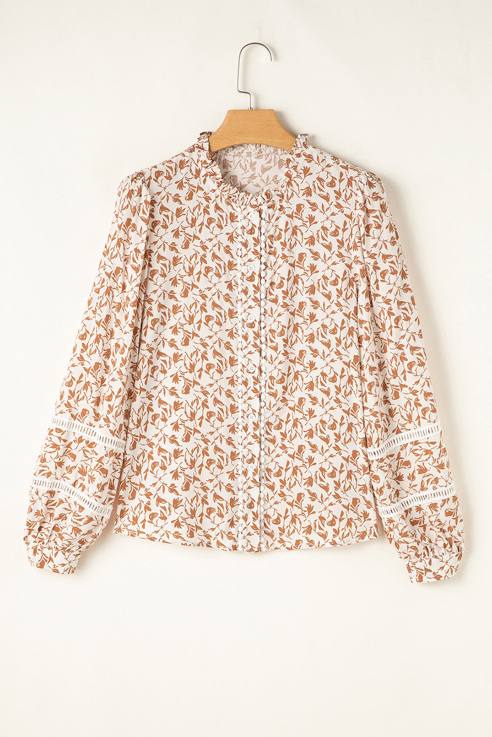 Yellow Printed Floral Print Lace Detail Puff Sleeve Shirt
