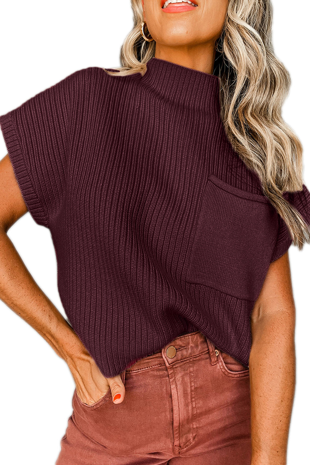 Rose Red Patch Pocket Ribbed Knit Short Sleeve Sweater