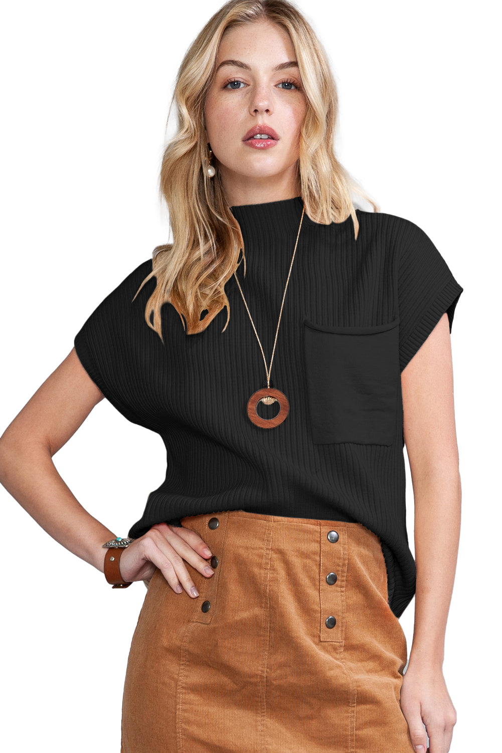 Rose Red Patch Pocket Ribbed Knit Short Sleeve Sweater