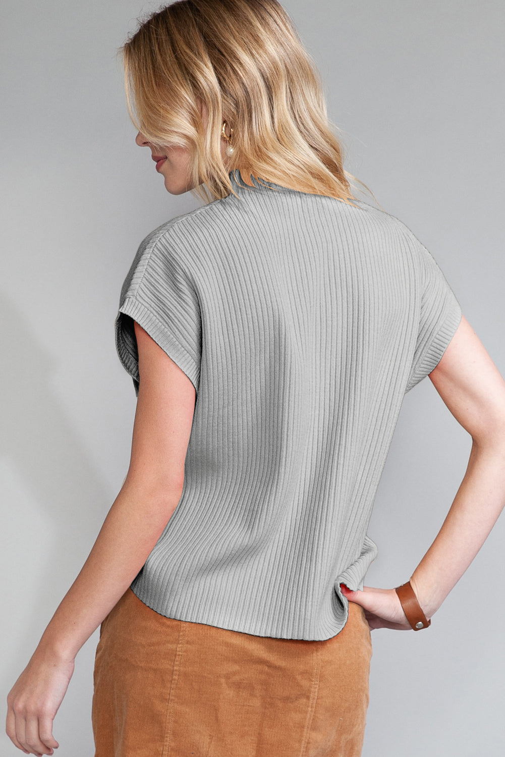 Rose Red Patch Pocket Ribbed Knit Short Sleeve Sweater