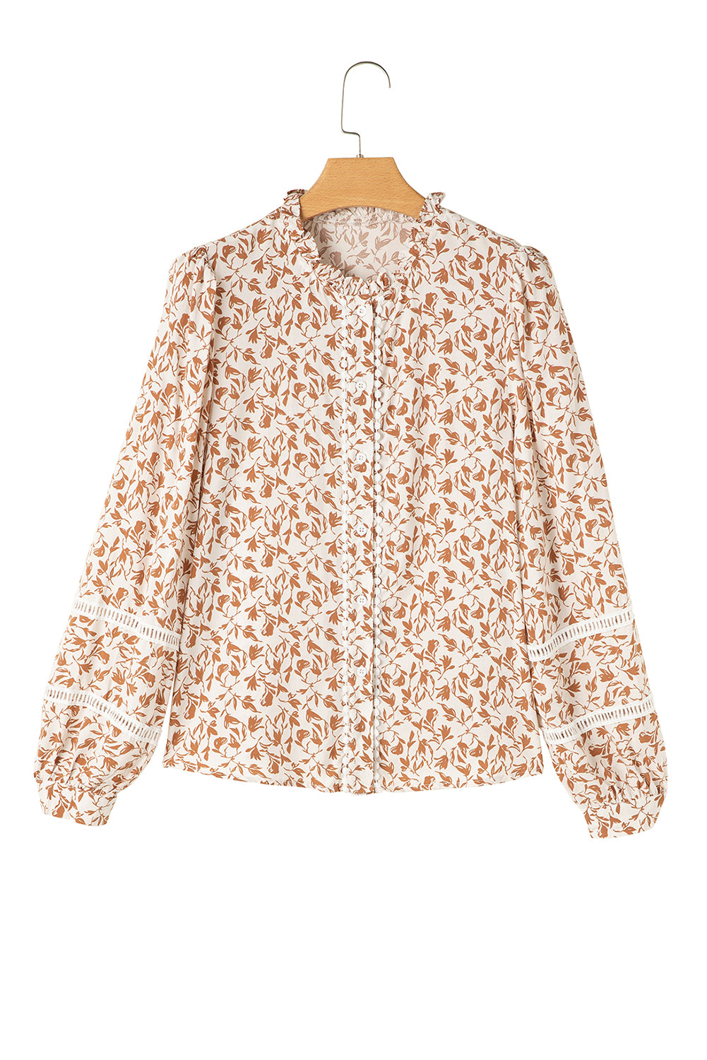 Yellow Printed Floral Print Lace Detail Puff Sleeve Shirt
