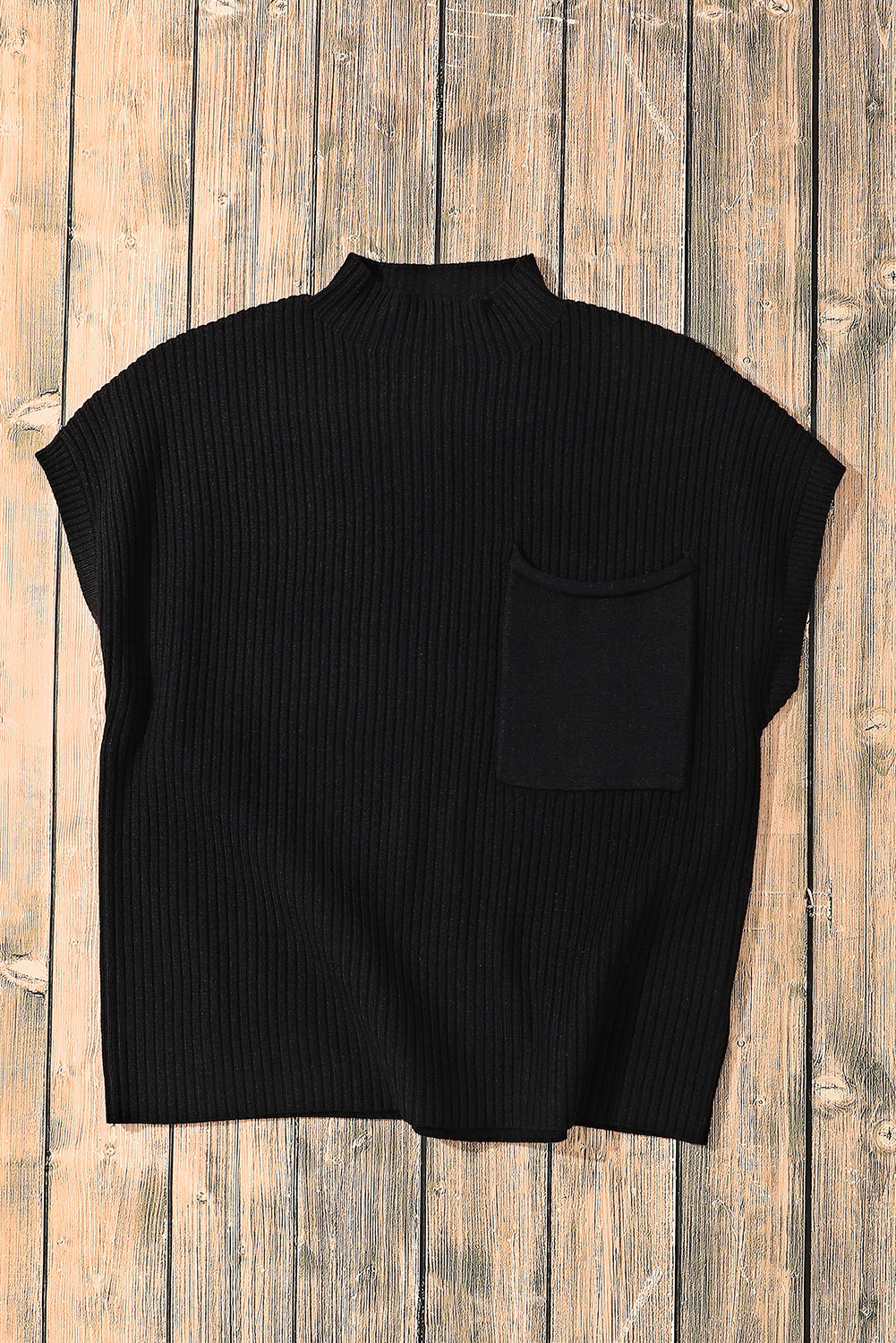 Rose Red Patch Pocket Ribbed Knit Short Sleeve Sweater