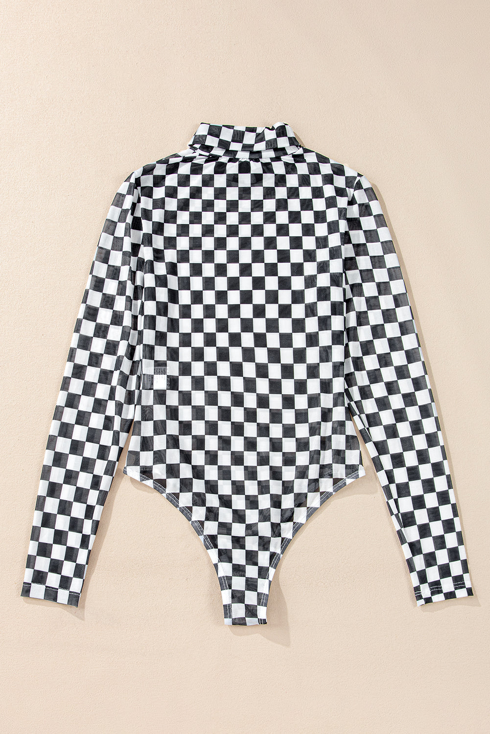 Brown Checkered Print Long Sleeve Mock Neck Bodysuit