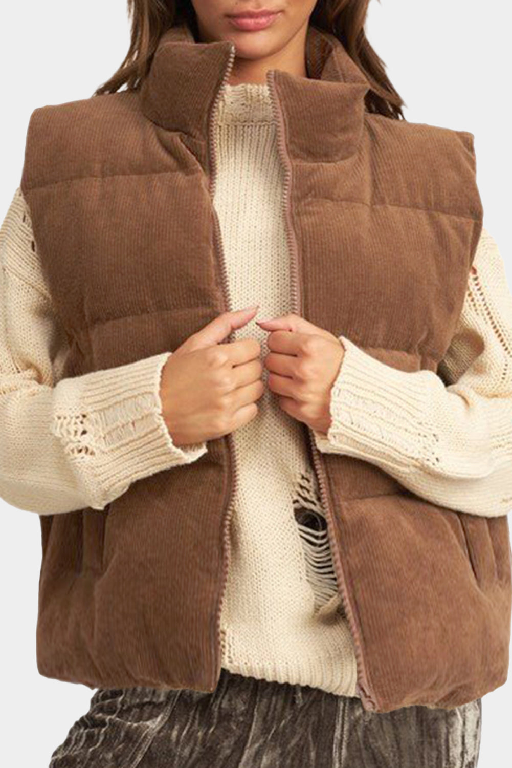 Black Solid Color Corduroy Puffer Vest Coat