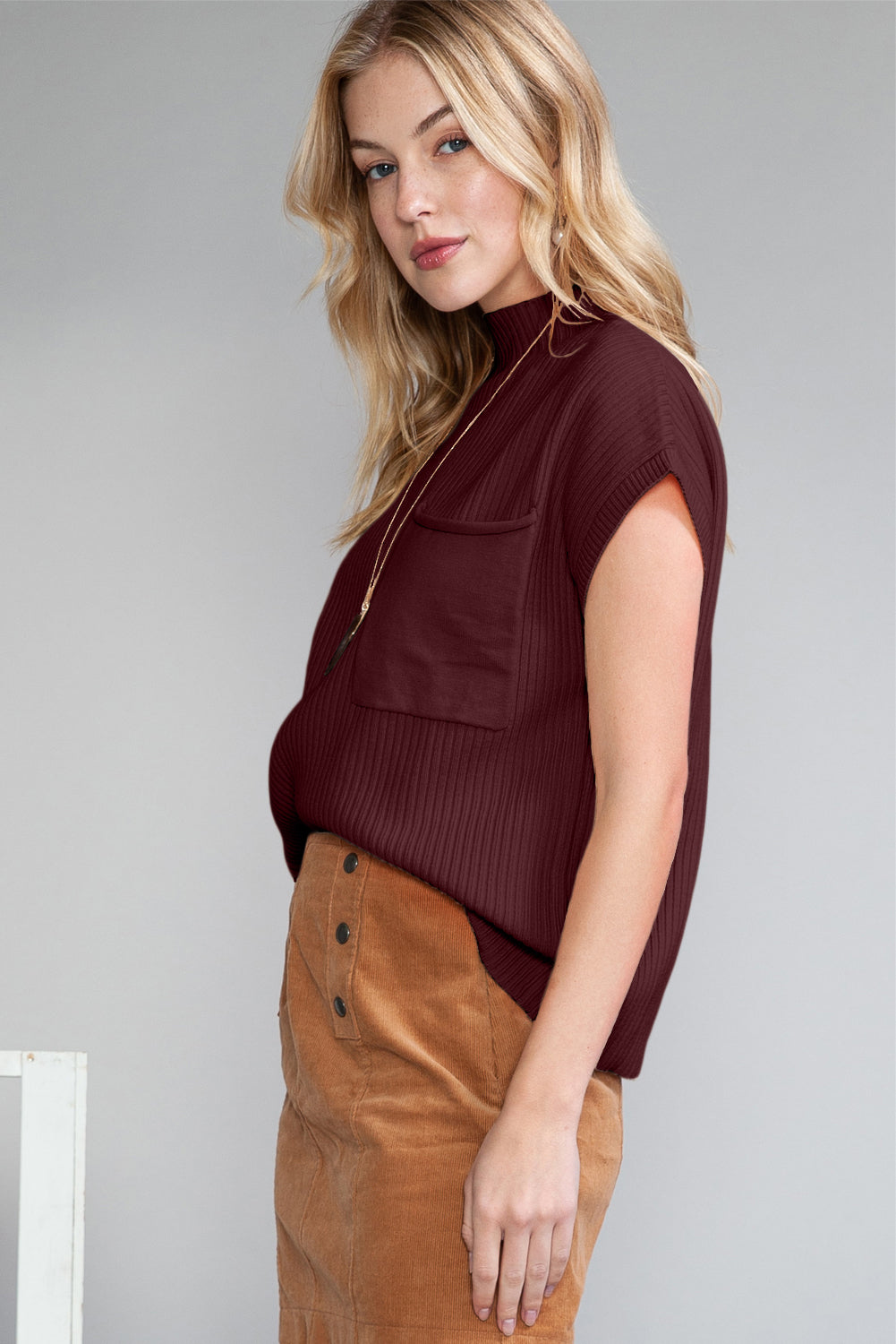 Rose Red Patch Pocket Ribbed Knit Short Sleeve Sweater