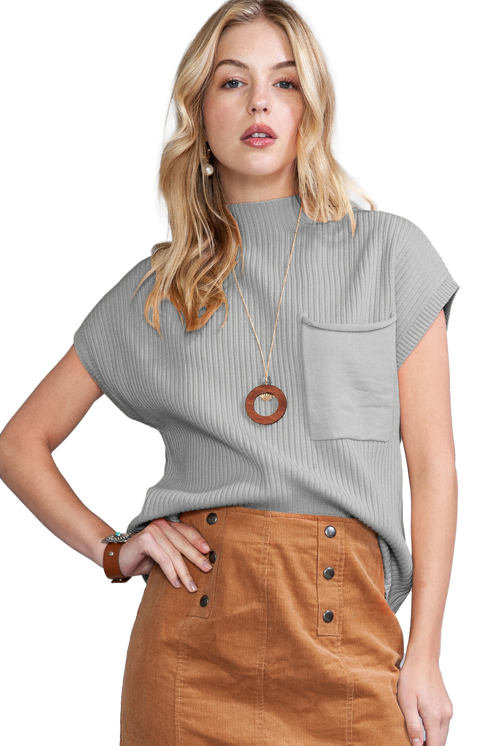 Rose Red Patch Pocket Ribbed Knit Short Sleeve Sweater