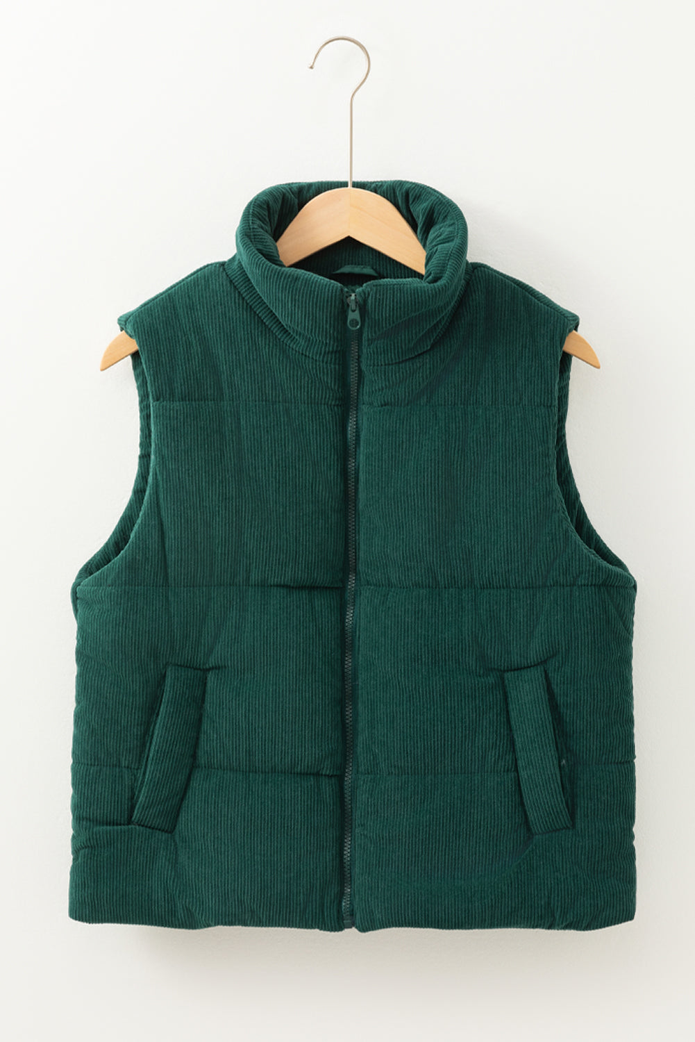 Black Solid Color Corduroy Puffer Vest Coat