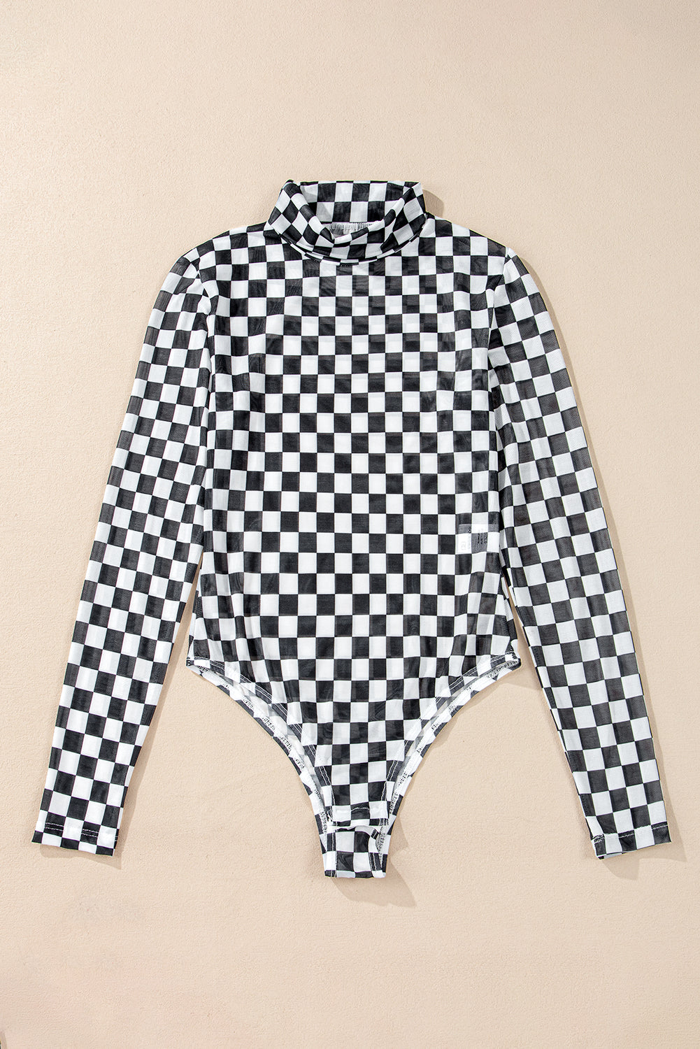 Brown Checkered Print Long Sleeve Mock Neck Bodysuit