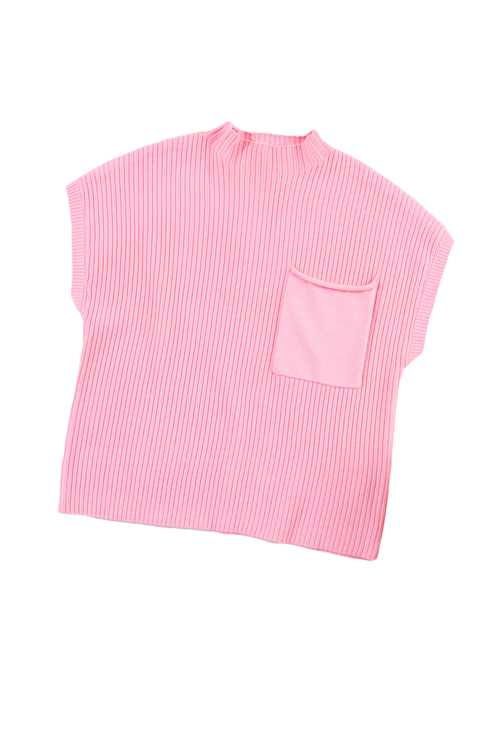 Rose Red Patch Pocket Ribbed Knit Short Sleeve Sweater