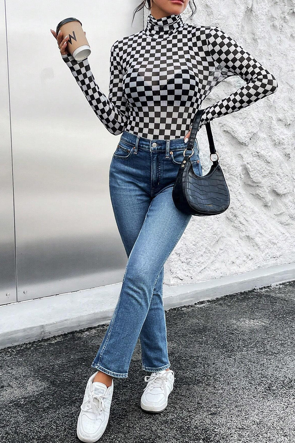 Brown Checkered Print Long Sleeve Mock Neck Bodysuit