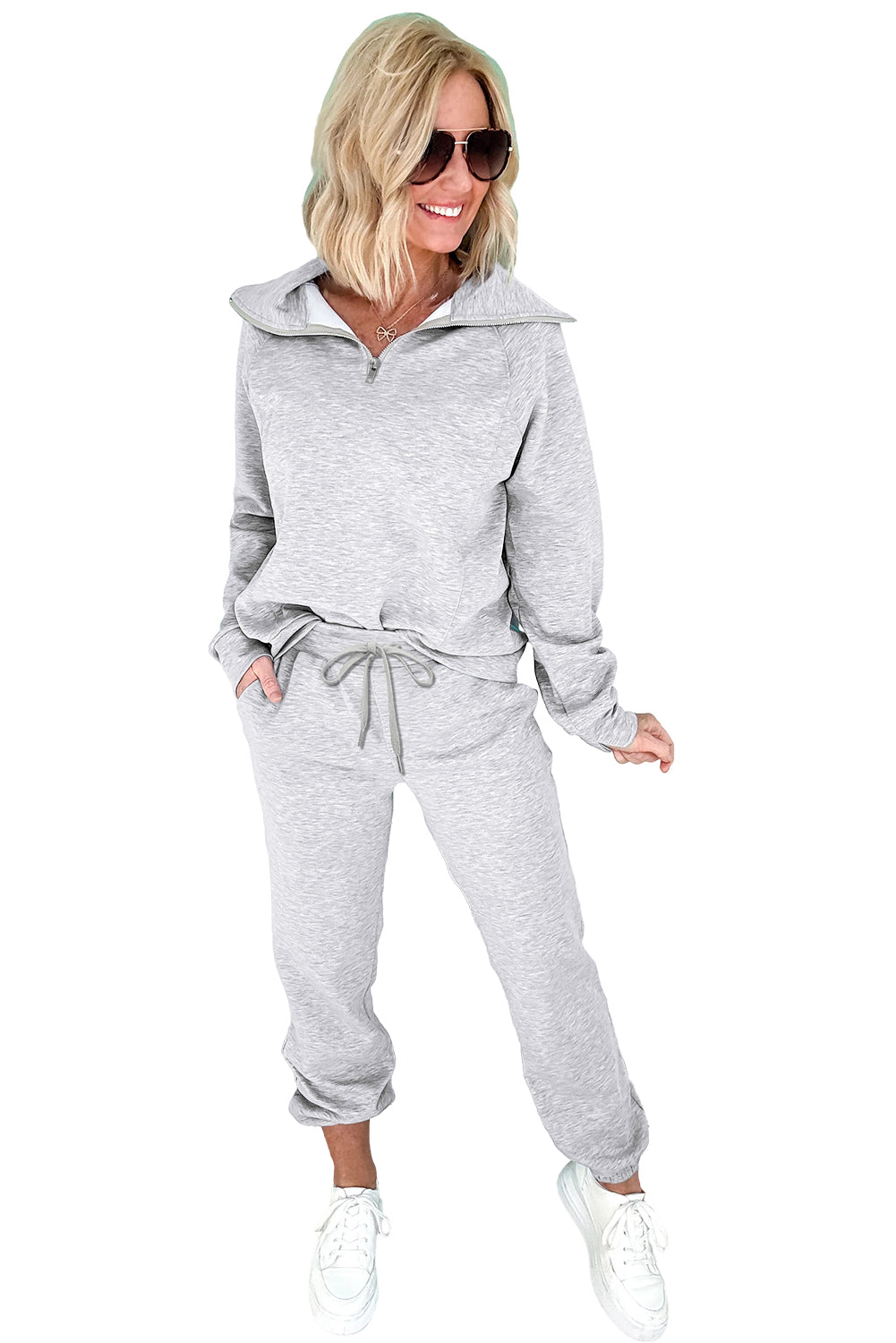 Light Grey Zip Collar Long Sleeve Top Drawstring Pants Set