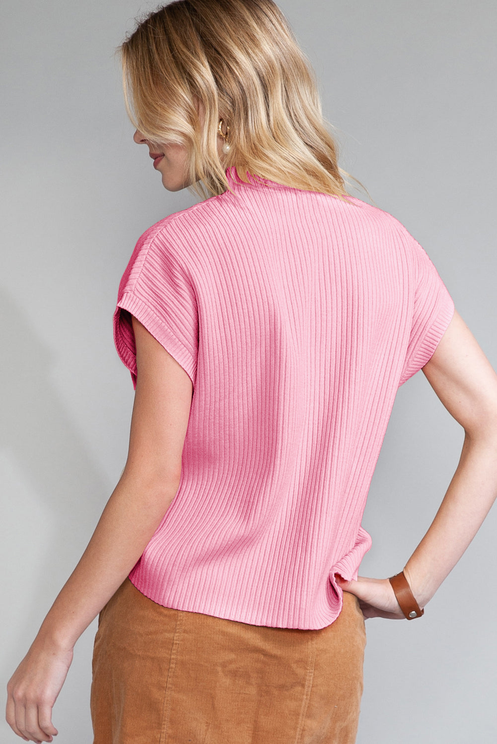 Rose Red Patch Pocket Ribbed Knit Short Sleeve Sweater