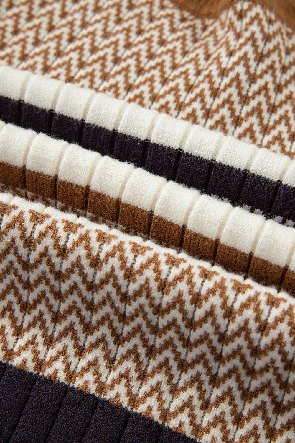 Brown Stripe Chevron Pattern Knitted Ribbed Trim Slim Fit Sweater