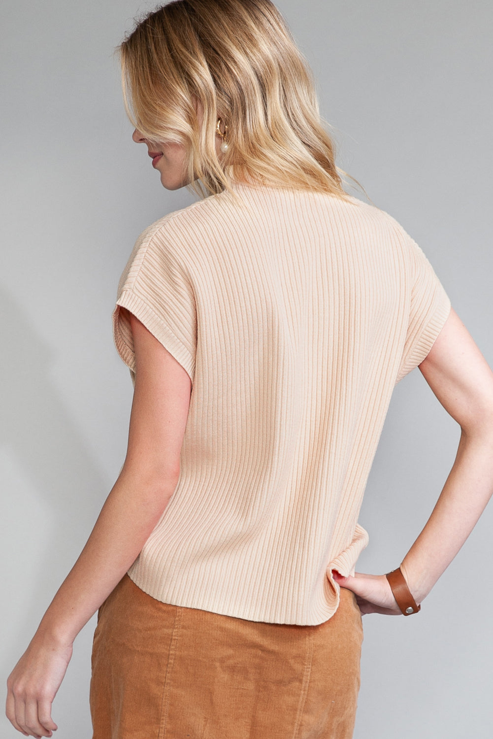 Rose Red Patch Pocket Ribbed Knit Short Sleeve Sweater