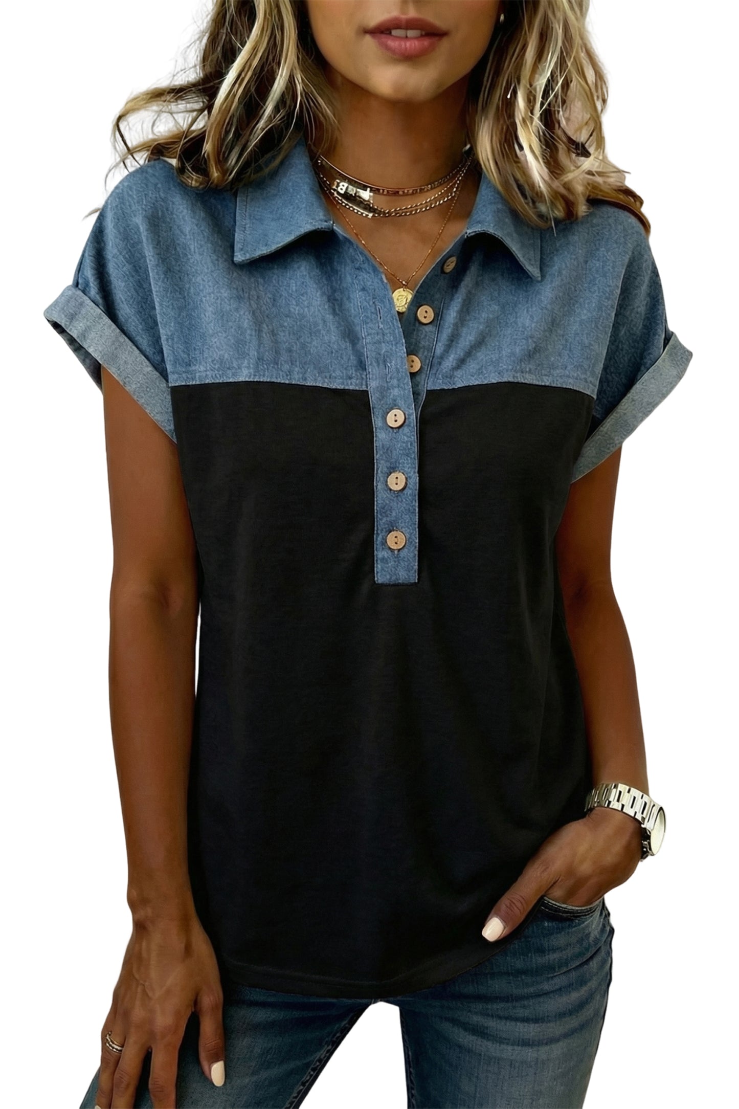 Light Grey Color Block Denim Patchwork Button Polo Collar Short Sleeve Top