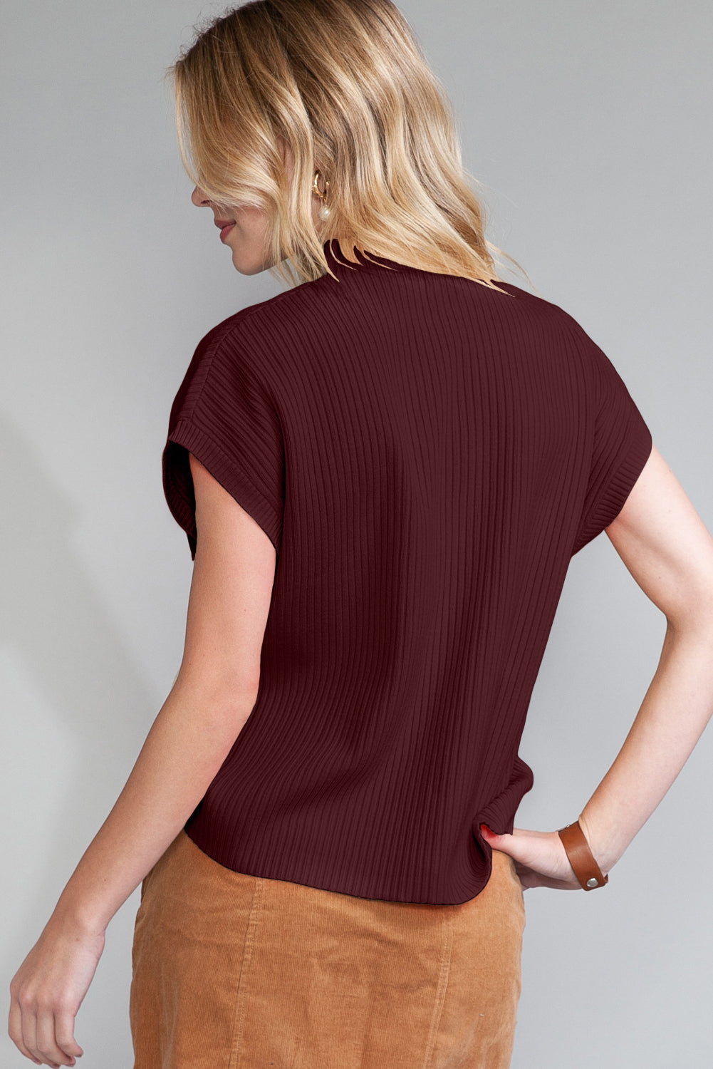 Rose Red Patch Pocket Ribbed Knit Short Sleeve Sweater