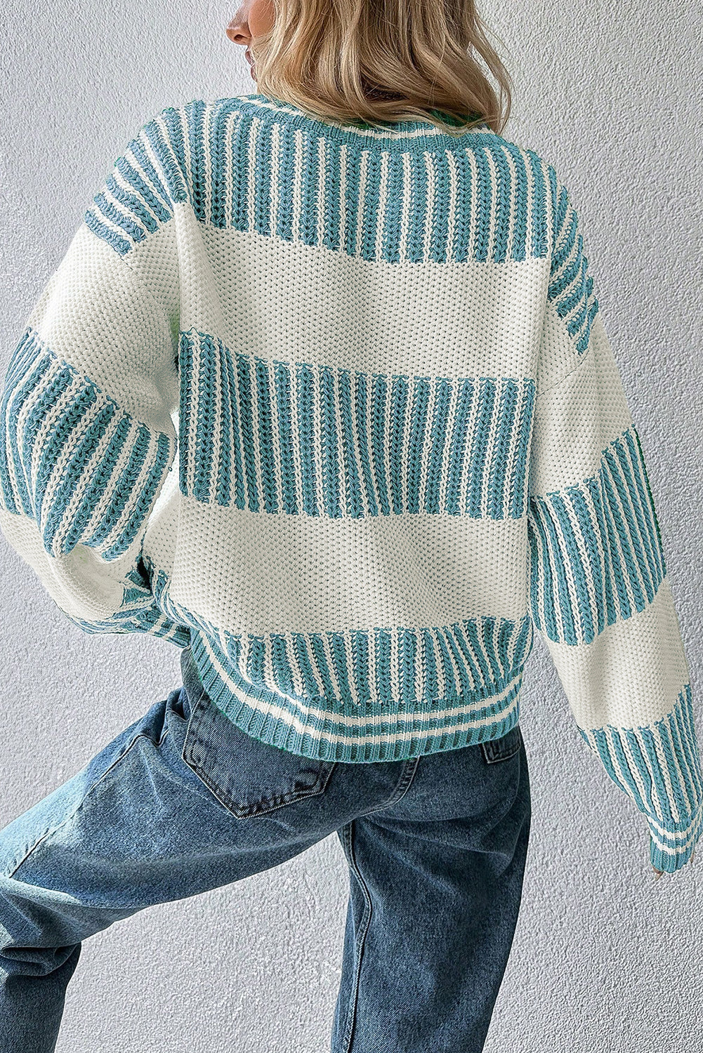 Khaki Two Tone Striped Patchwork Drop Shoulder Sweater