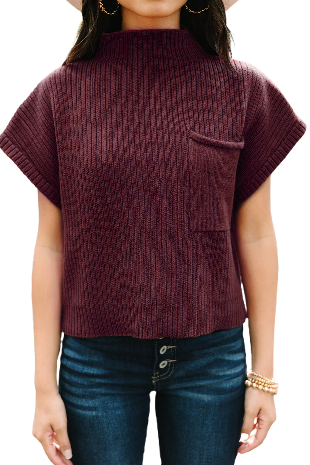 Rose Red Patch Pocket Ribbed Knit Short Sleeve Sweater