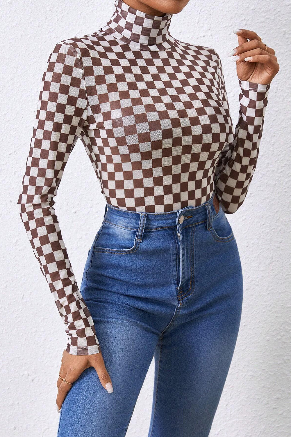 Brown Checkered Print Long Sleeve Mock Neck Bodysuit
