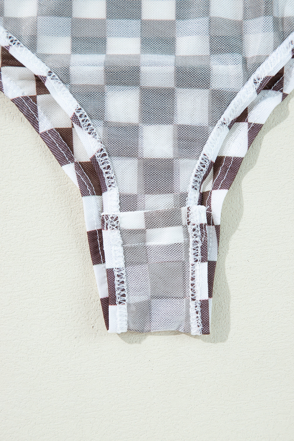 Brown Checkered Print Long Sleeve Mock Neck Bodysuit