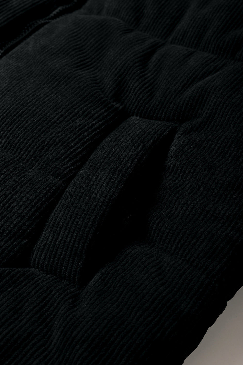 Black Solid Color Corduroy Puffer Vest Coat