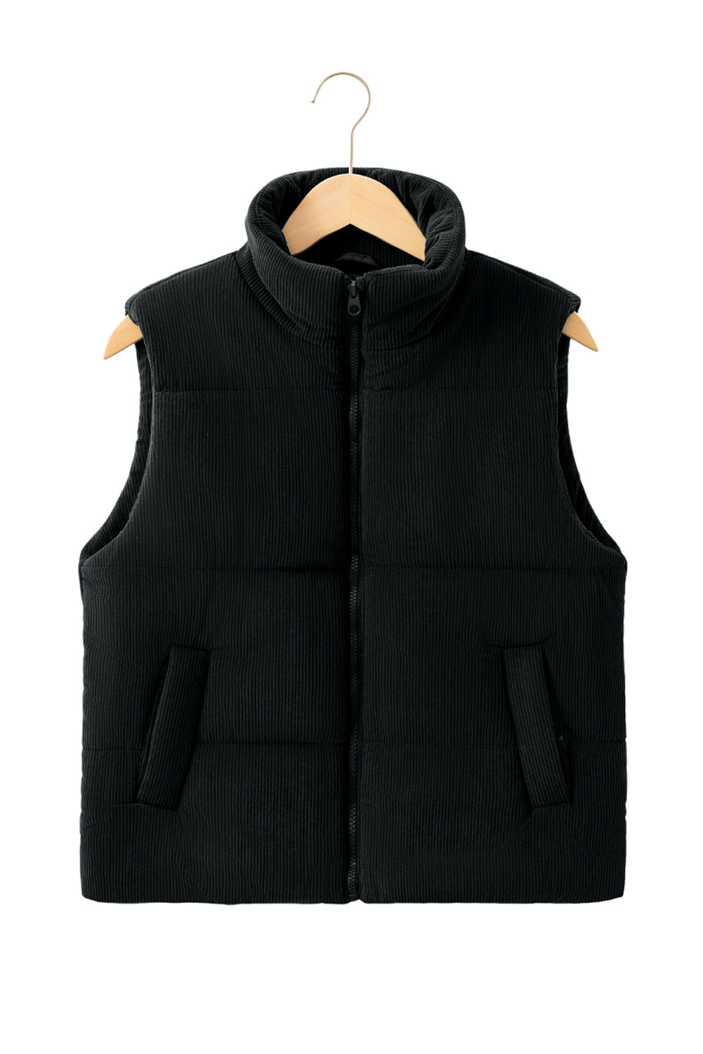 Black Solid Color Corduroy Puffer Vest Coat