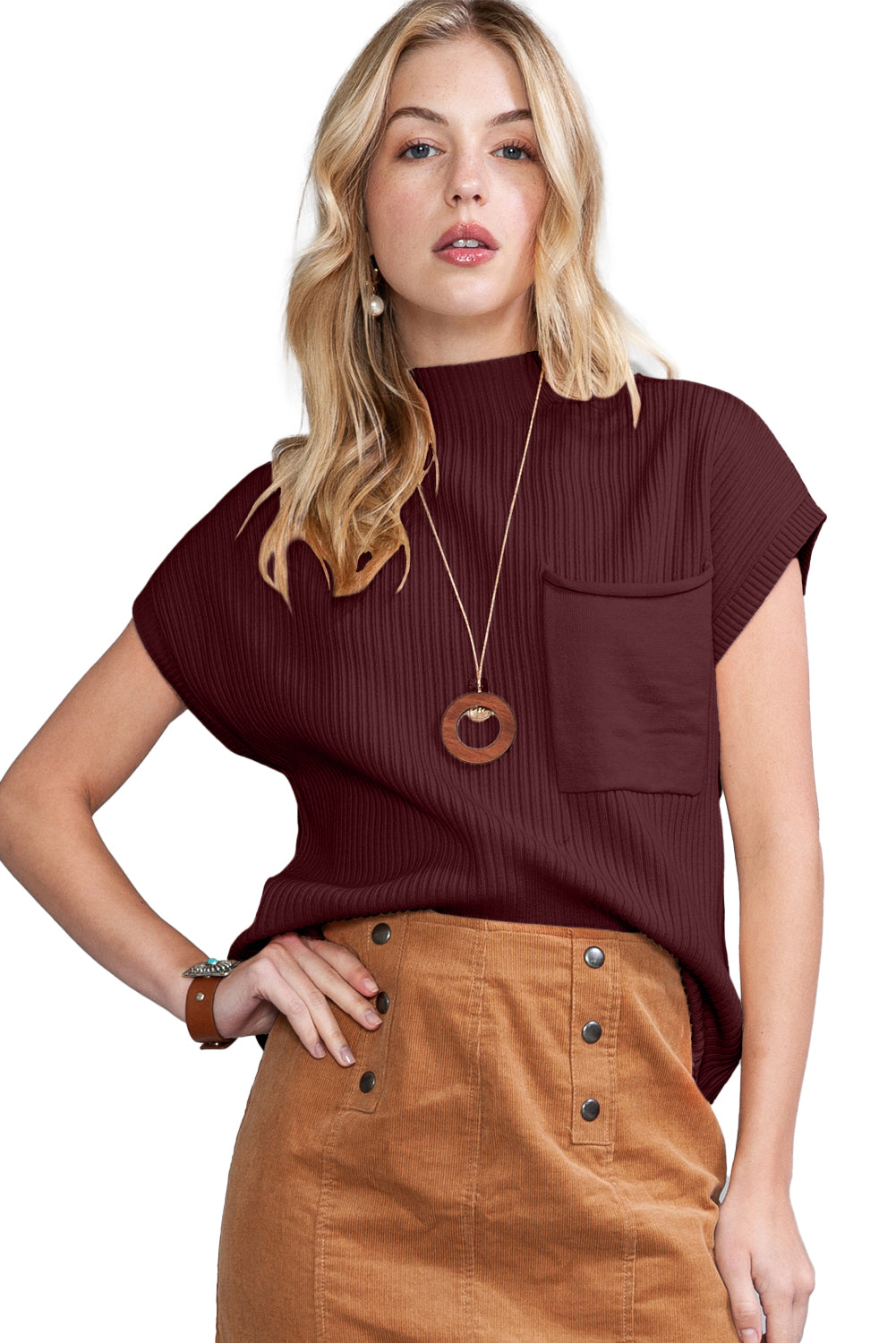 Rose Red Patch Pocket Ribbed Knit Short Sleeve Sweater