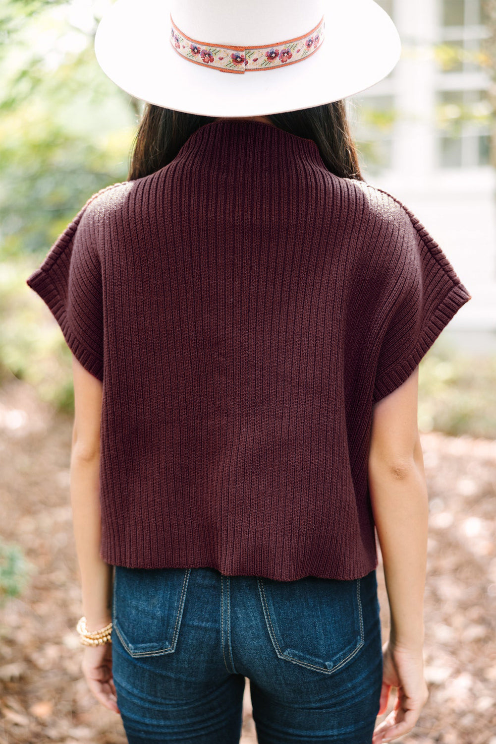 Rose Red Patch Pocket Ribbed Knit Short Sleeve Sweater