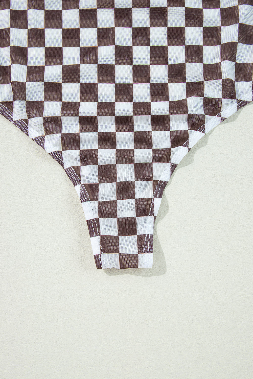 Brown Checkered Print Long Sleeve Mock Neck Bodysuit