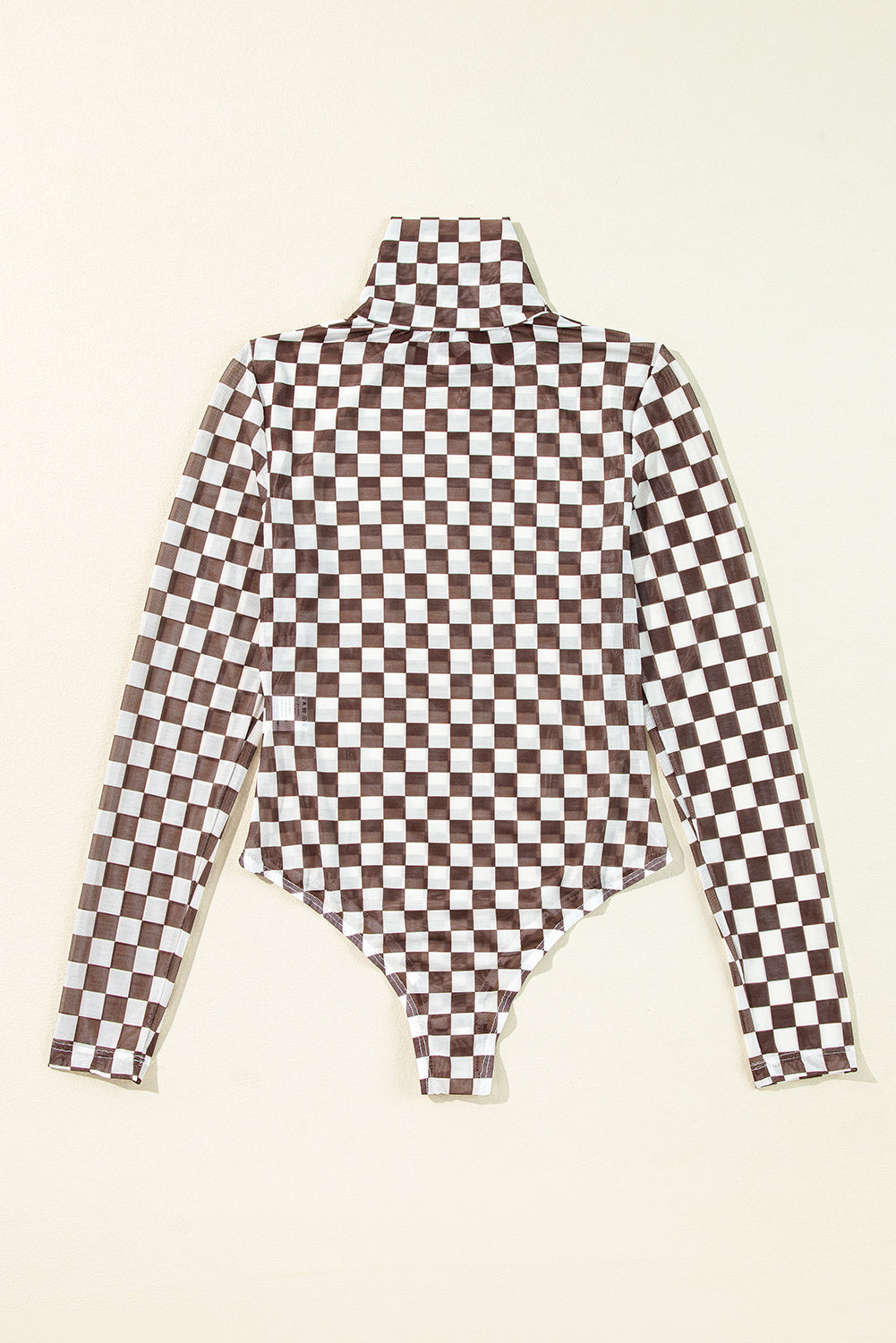 Brown Checkered Print Long Sleeve Mock Neck Bodysuit