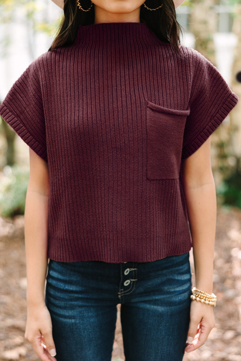 Rose Red Patch Pocket Ribbed Knit Short Sleeve Sweater