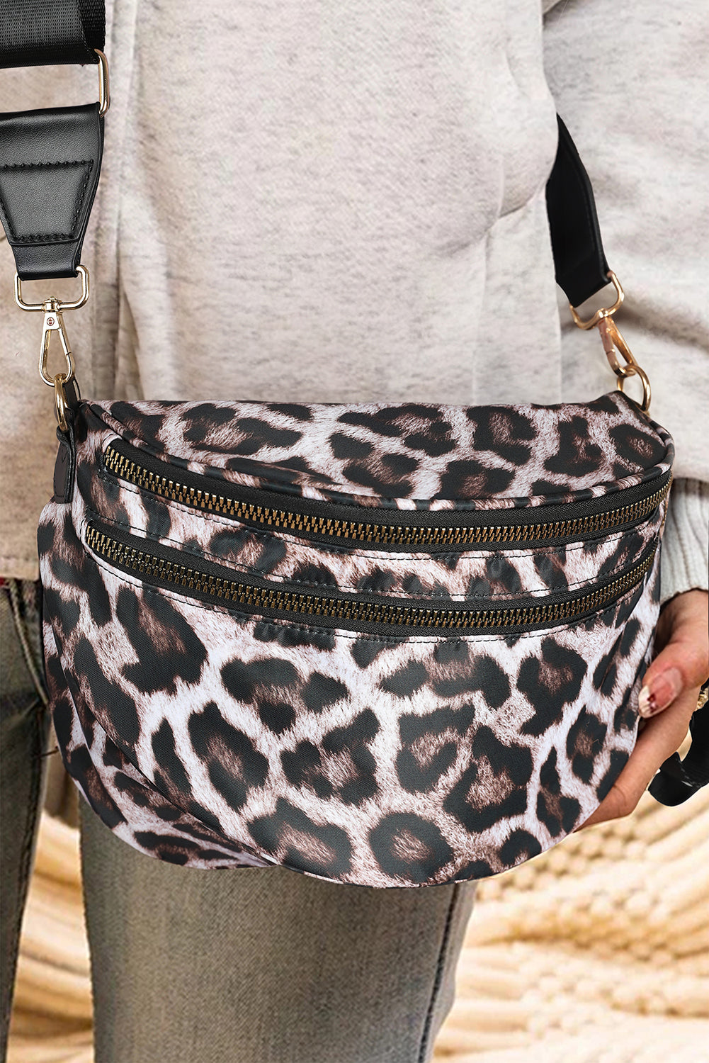 White Camouflage Print Double Zipper Crossbody Bag