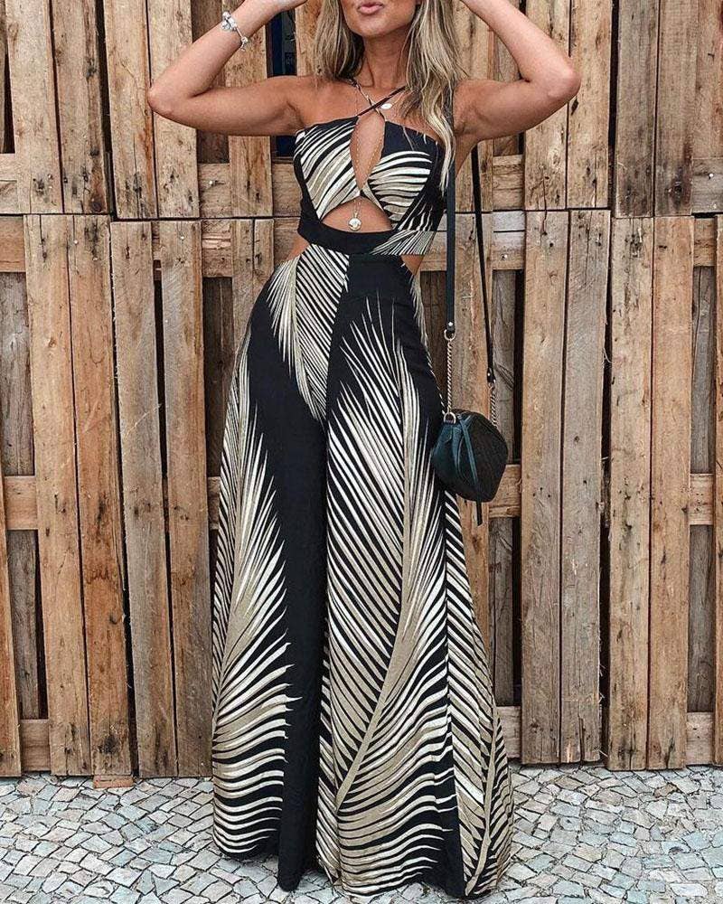 Palm leaf print cutout wide leg jumpsuit