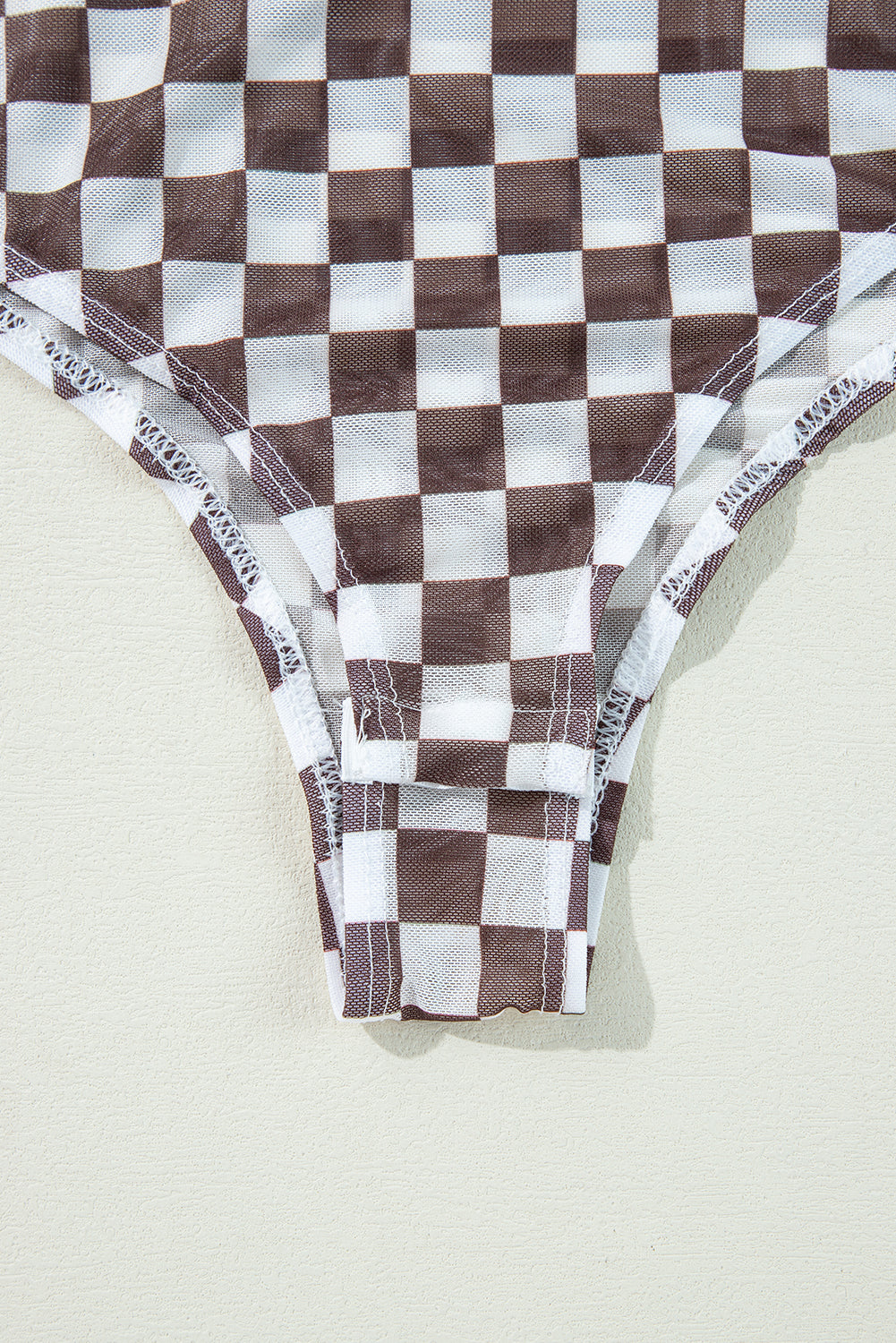 Brown Checkered Print Long Sleeve Mock Neck Bodysuit