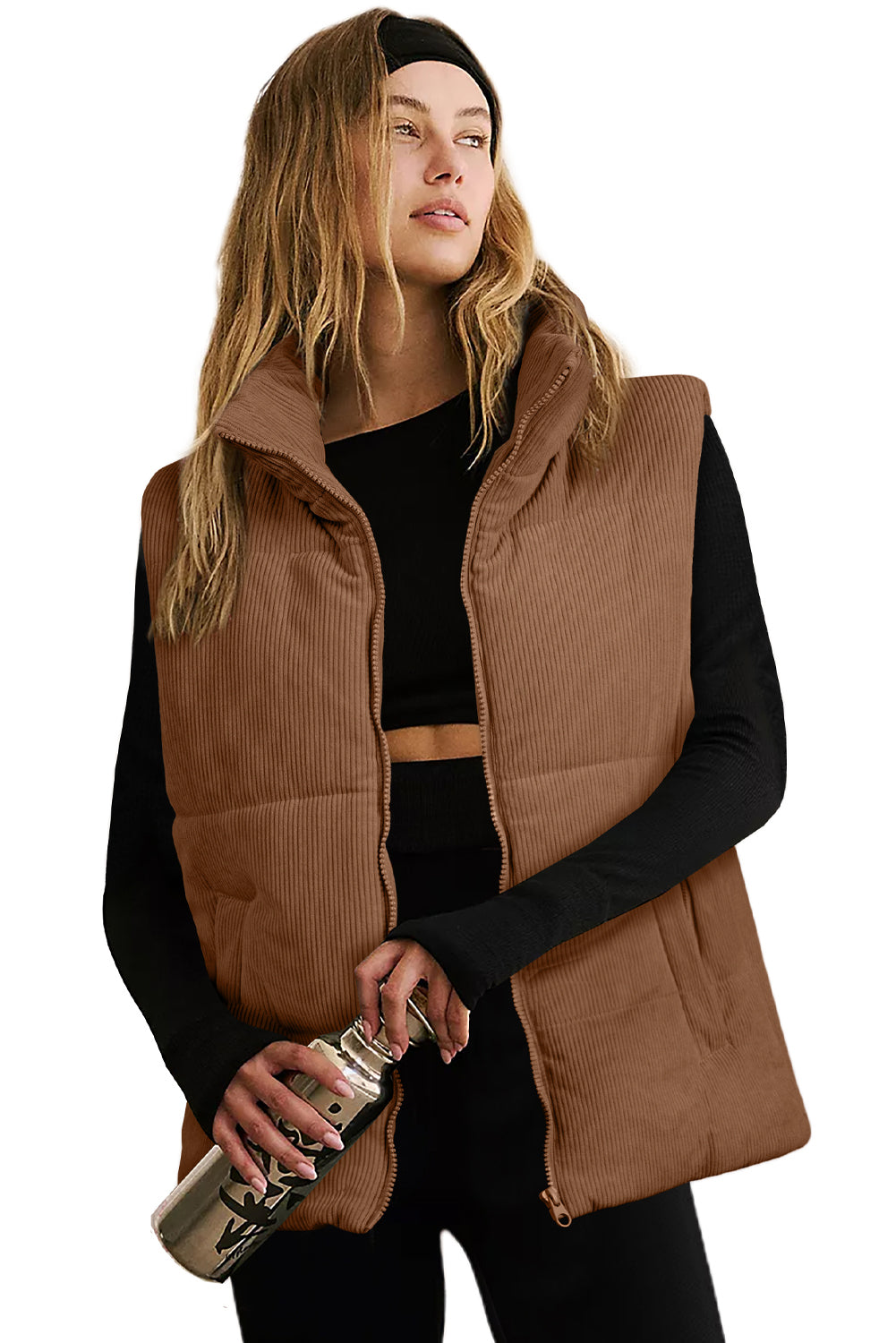 Black Solid Color Corduroy Puffer Vest Coat