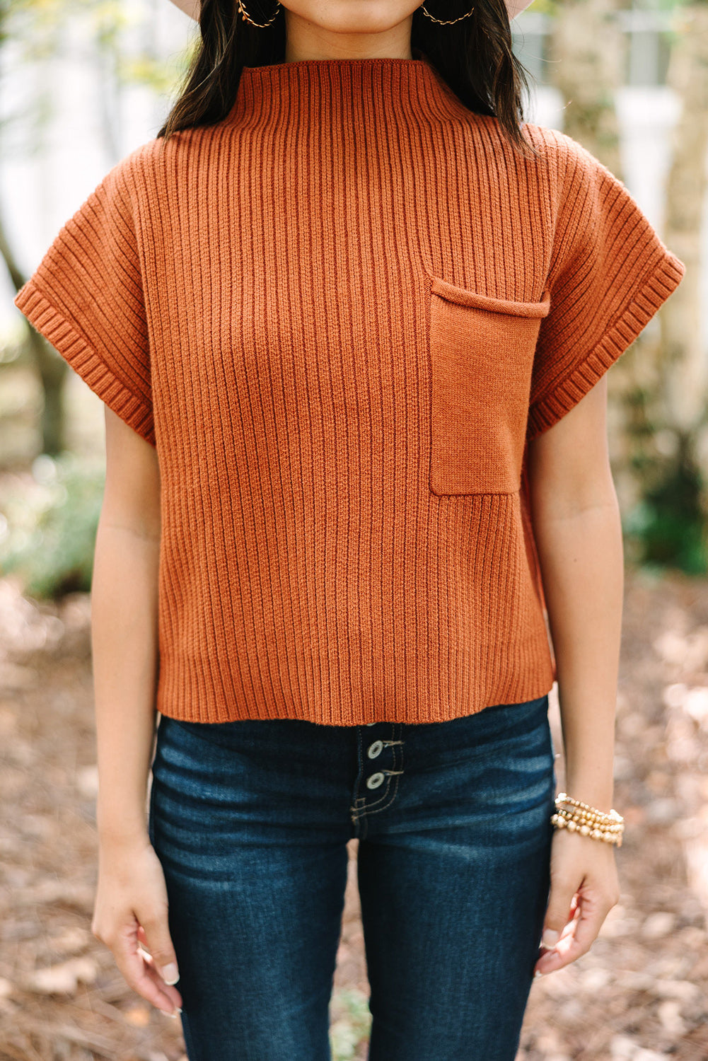 Rose Red Patch Pocket Ribbed Knit Short Sleeve Sweater