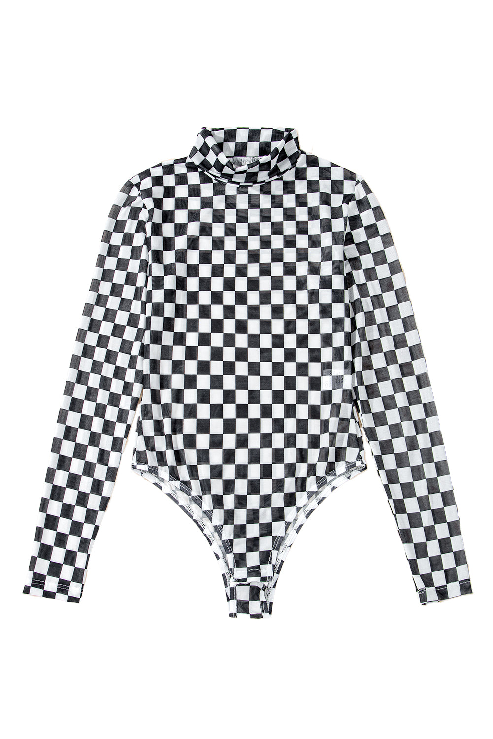 Brown Checkered Print Long Sleeve Mock Neck Bodysuit