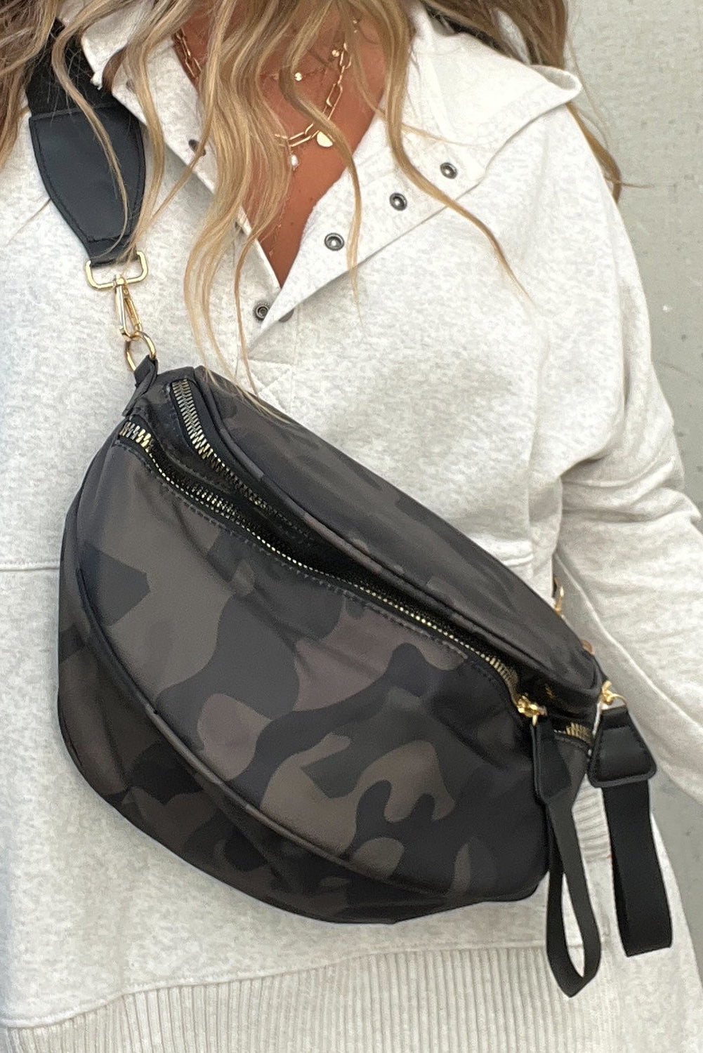 White Camouflage Print Double Zipper Crossbody Bag