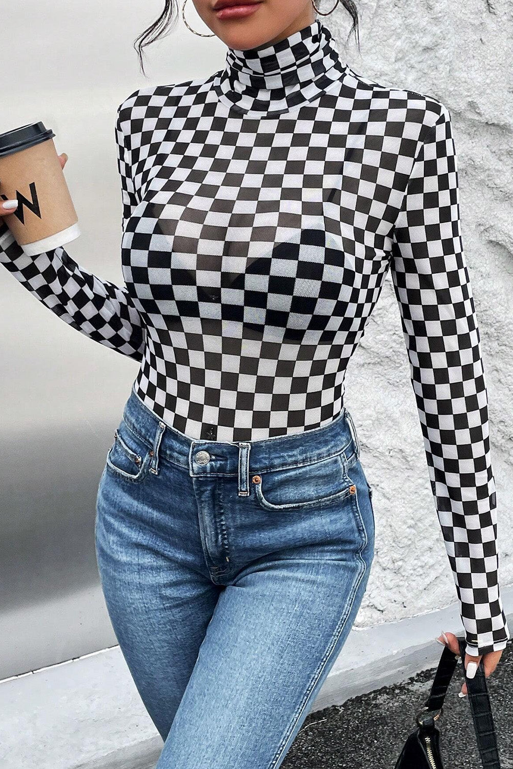 Brown Checkered Print Long Sleeve Mock Neck Bodysuit