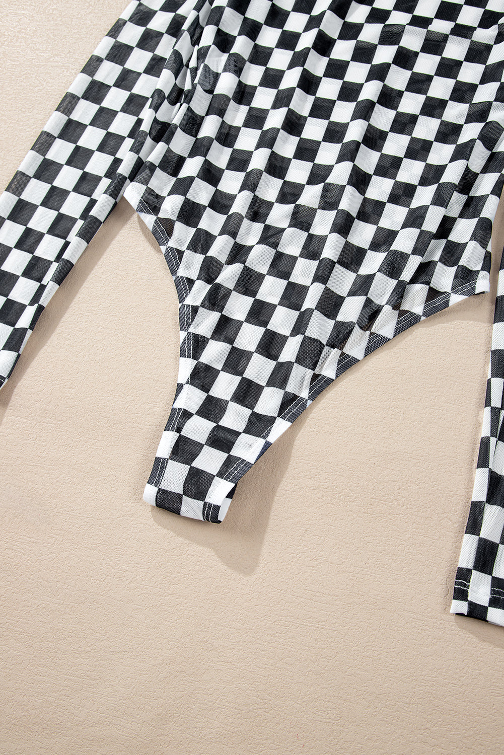 Brown Checkered Print Long Sleeve Mock Neck Bodysuit