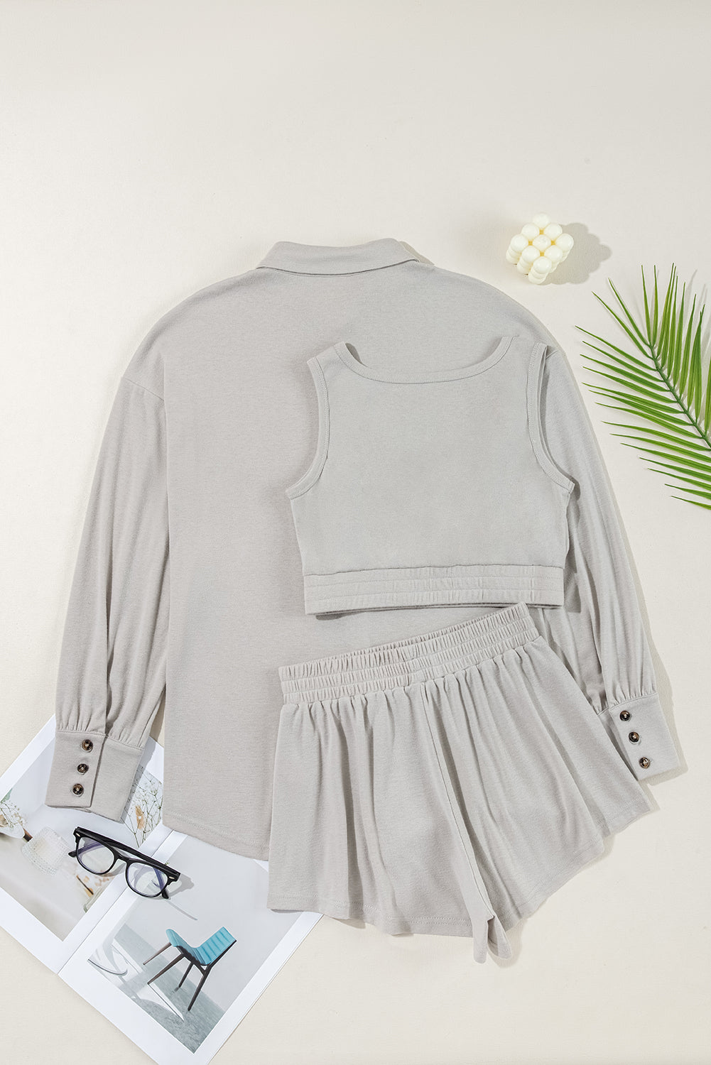 Black Shirred Hem Crop Tank Top Loose Shorts Cardigan 3 Piece Pajama Set